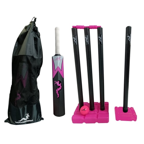 Woodworm Garden Girls Junior Cricket Set - Plastic Stumps, Bat and Ball, Pink, Size 1