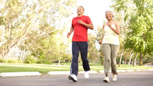 couple jogging, park, elderly couple, walking