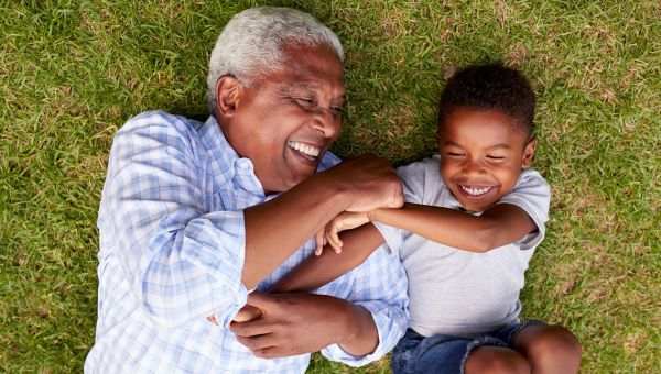 grandfather, grandson, playing, grass, laughing