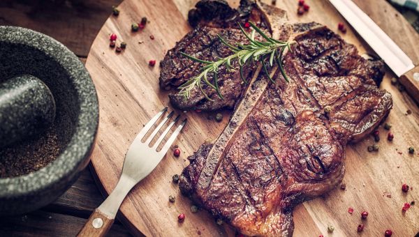 fork, steak, cutting board