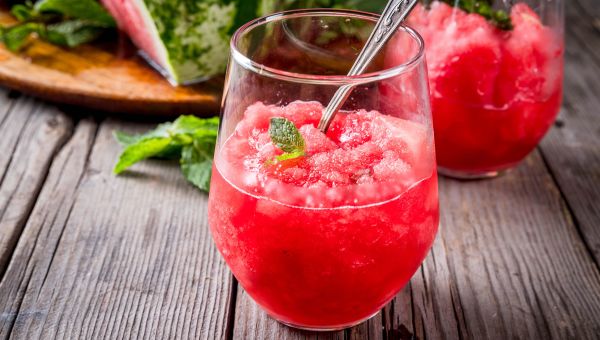 fruit smoothie, spoon, glass, mint, watermelon