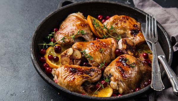 Orange chicken meal in skillet