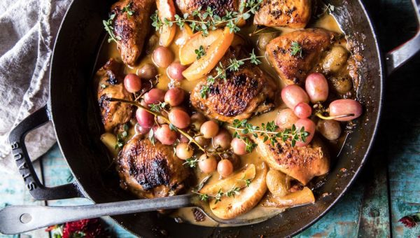 Autumn braised chicken escabeche with apples and grapes