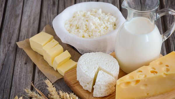 An array of dairy products, including milk and various cheeses.