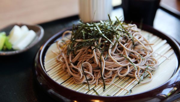 a plate of cold soba noodles, which are lucky in Japan