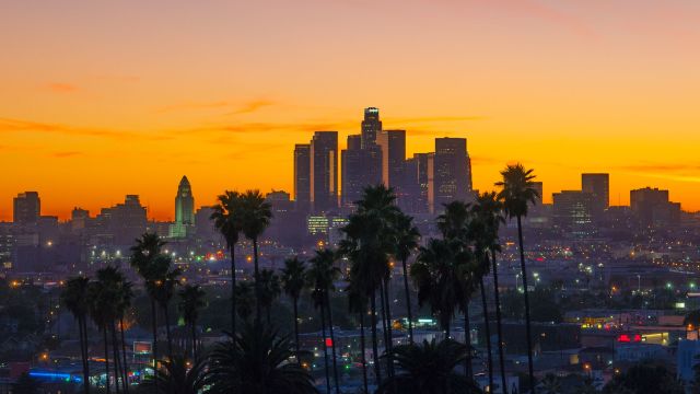 smog, city skyline, sunset, skyscrapers