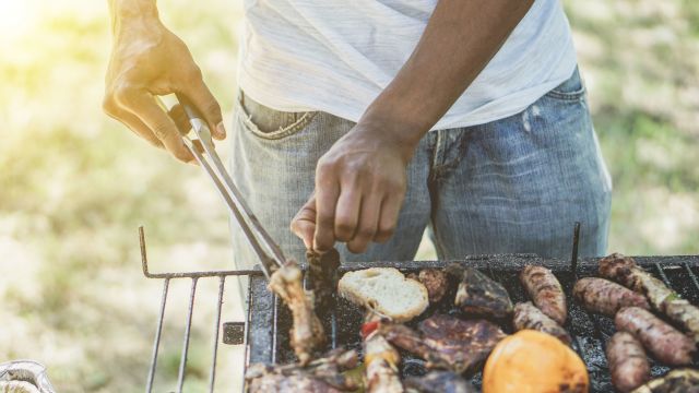 man grilling chicken, grilling meat