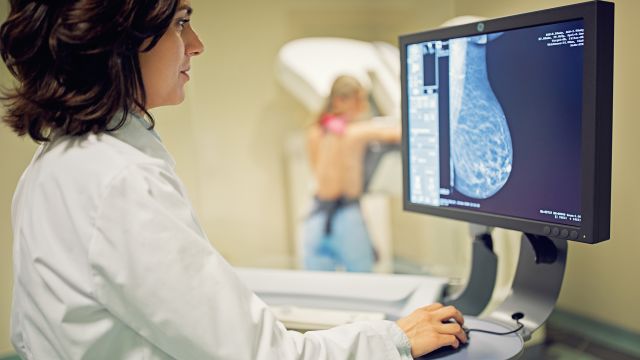 healthcare provider examining mammogram x ray