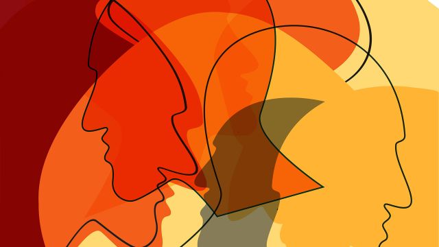 Artistic rendering of two profiles in orange and warm colors.