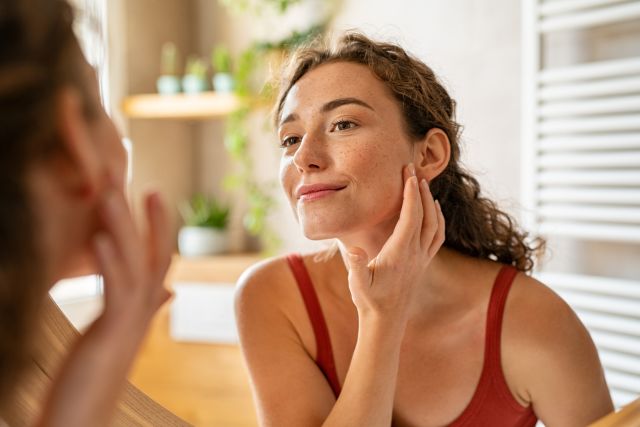 Woman admiring clear skin in the mirror.