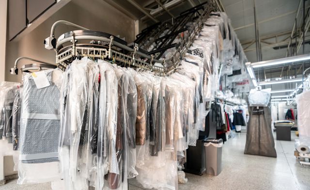 interior of dry cleaning business with rotating garment rack