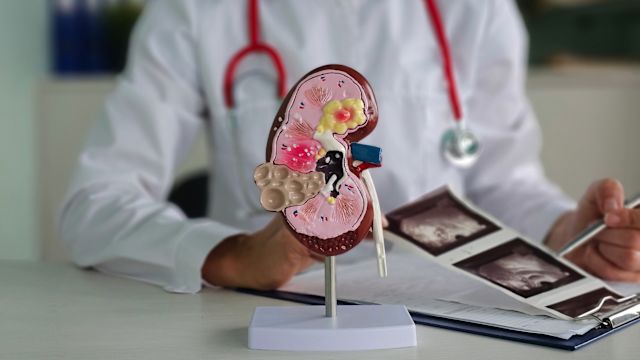 A doctor explains the results of a kidney imaging test using a plastic model of a human kidney.