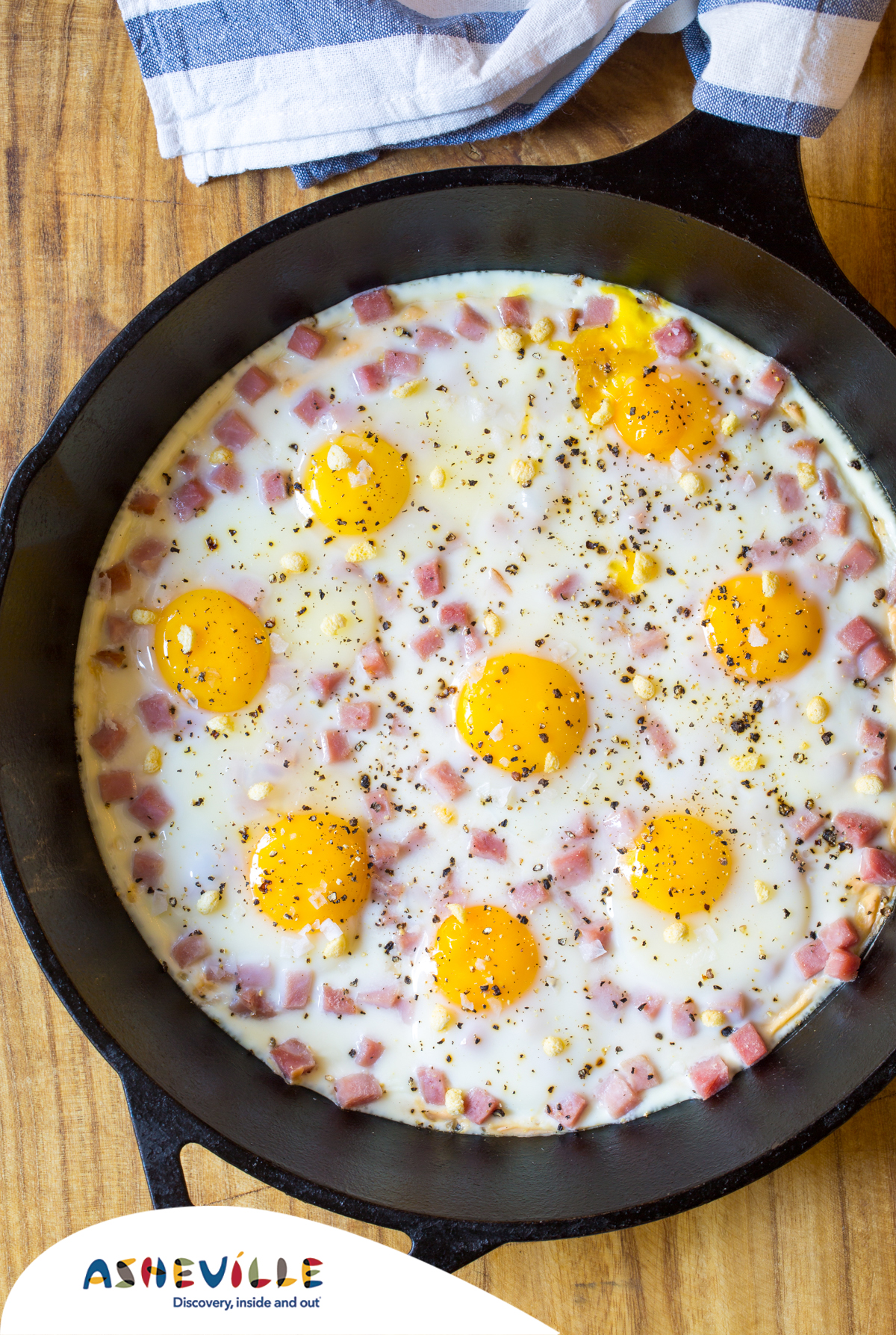 Baked Eggs in Cheese Sauce with Country Ham #Recipe | ExploreAsheville.com