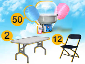 2 rectangular tables 12 chairs and a cotton candy machine.