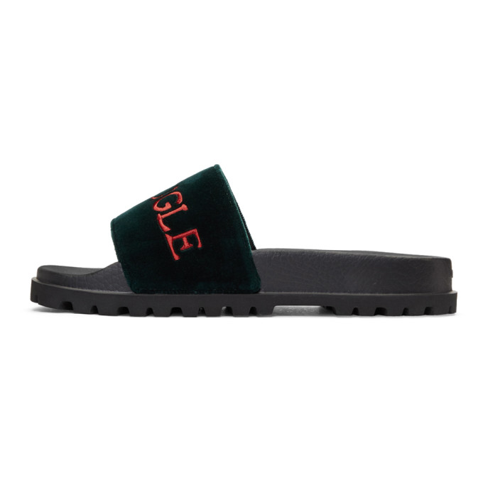 GUCCI Green Velvet 'Aveugle Par Amour' Pursuit Treck Slides in Vert