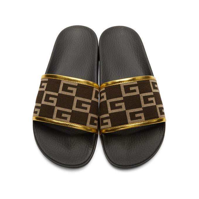 GUCCI MEN'S CANVAS AND LEATHER SLIDES, MED.BROWN/GOLD | ModeSens