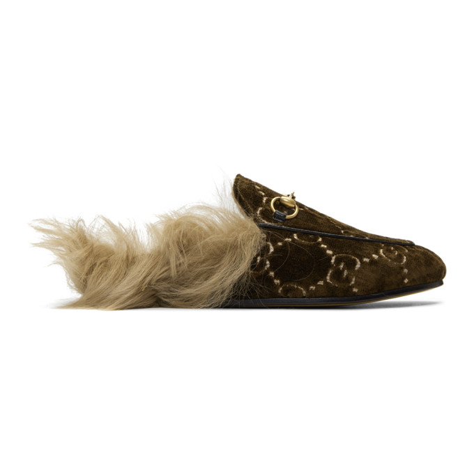 GUCCI GUCCI BROWN WOOL-LINED VELVET GG PRINCETOWN SLIPPERS