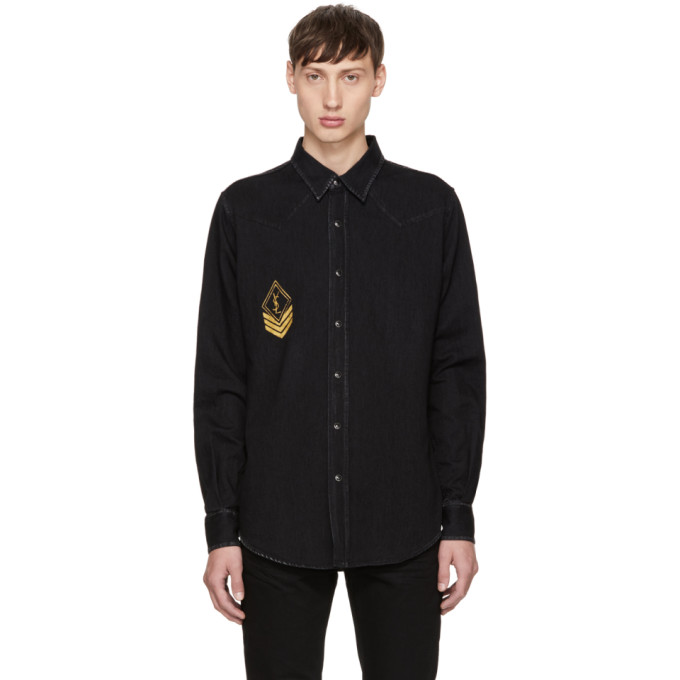 Click to view more detailed imagery on our partner's website Saint Laurent Logo-print Regular-fit Denim Shirt In Dark Black