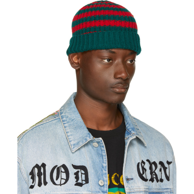 GUCCI Striped Beanie With Embroidery in Verde Rosso | ModeSens