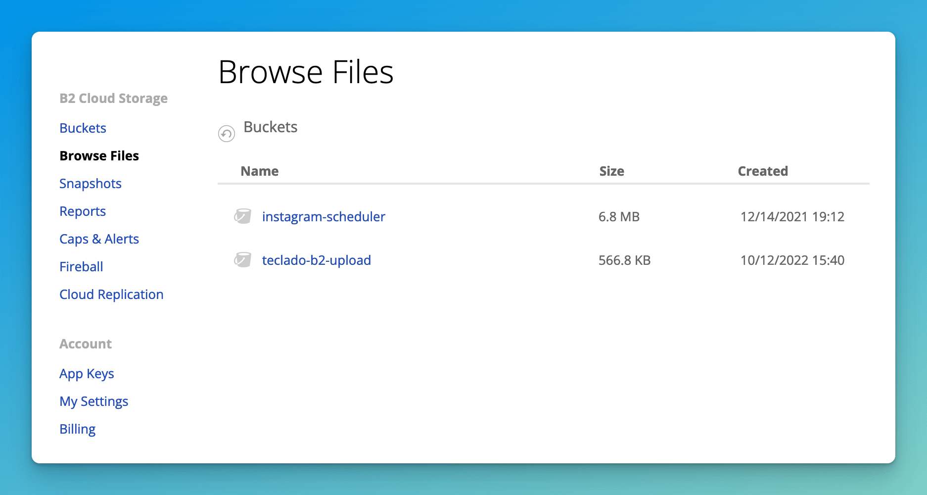 Screenshot showing Browse Files and the available buckets in your account