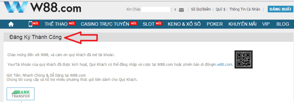 xác nhận đăng ký tài khoản w88 thành công để chơi cá độ bóng đá, casino online