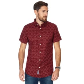 rjr.john Rocha - Red Stamp Print Linen Blend Short Sleeve Tailored Fit Shirt