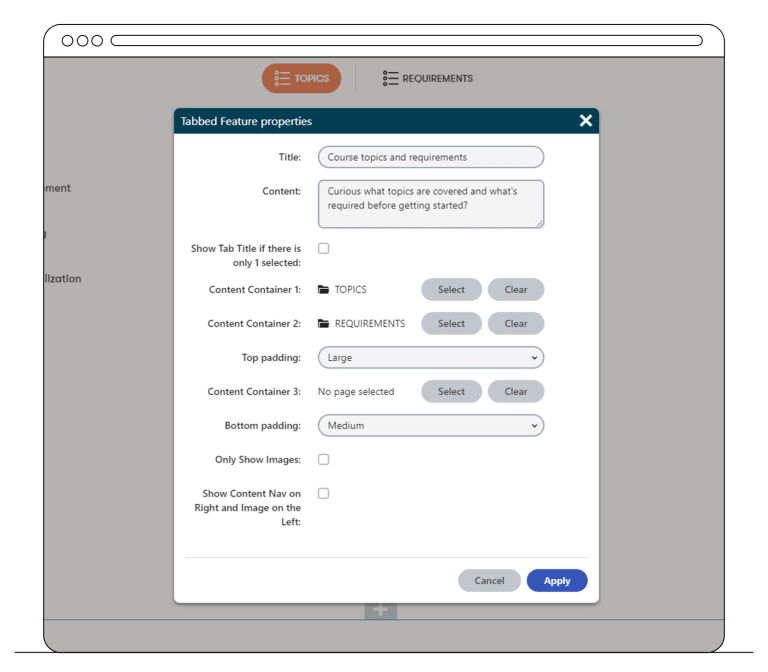 Tabbed feature properties