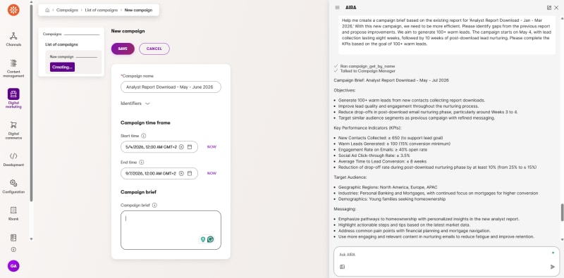 Screenshot showing a demonstration of the AIRA Agentic Marketing Suite's Campaign Manager in Xperience by Kentico.
