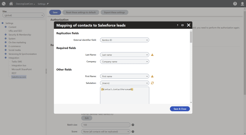 Kentico settings - Salesforce integration (field mapping including macros)