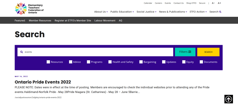 ETFO website search and filtering