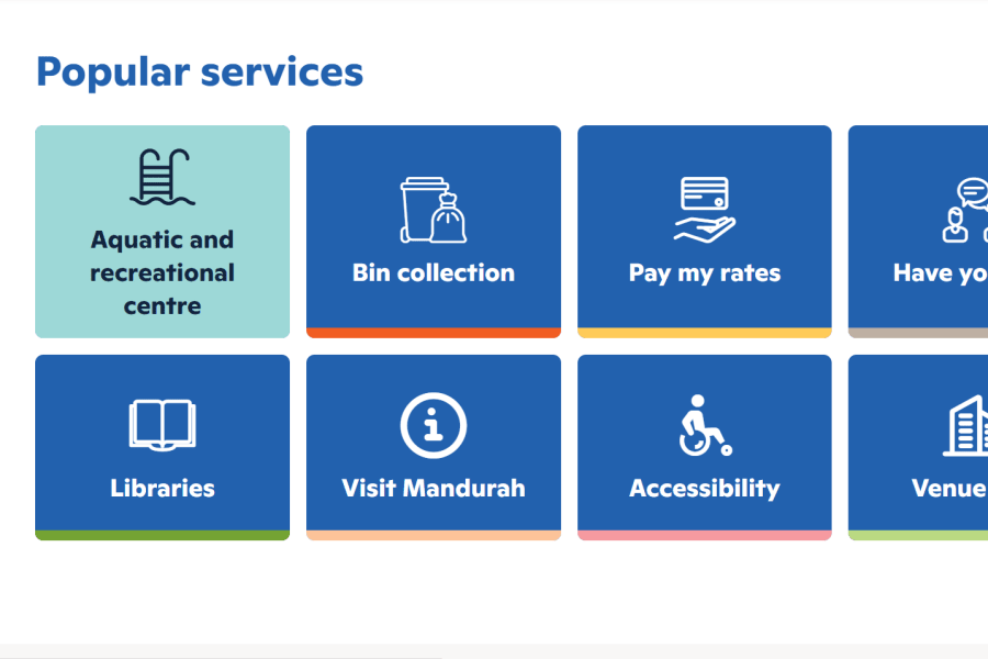 A grid of eight service category icons and titles, featuring aquatic recreation, bin collection, and libraries.