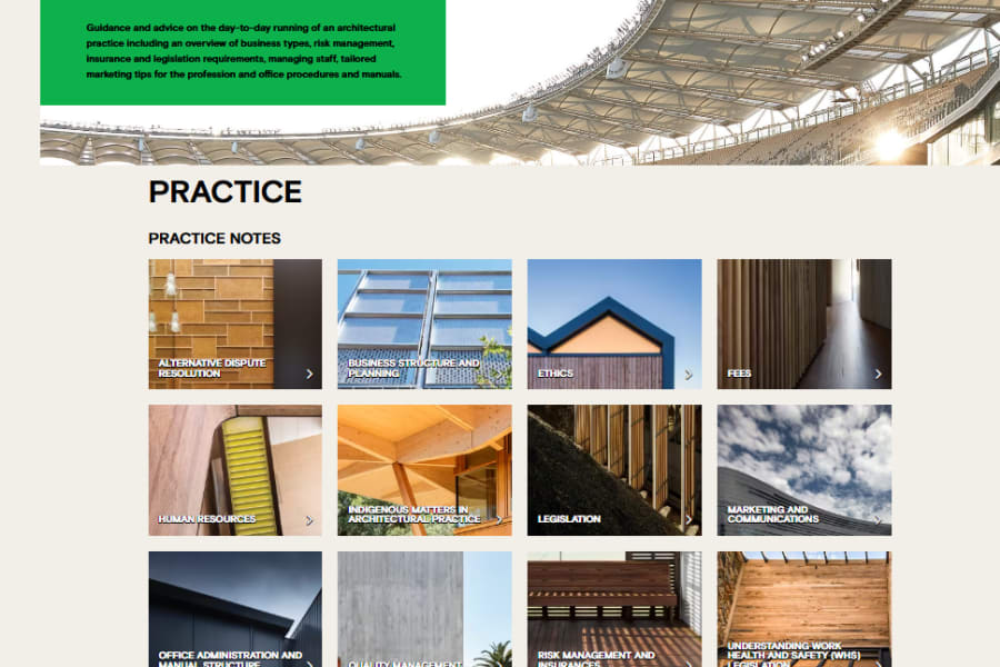 A website displaying practice notes for architects, with a large stadium roof in the background.